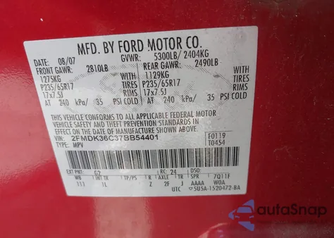 2007 Ford Edge Se from USA, damaged, VIN 2FMDK36C37BB54401